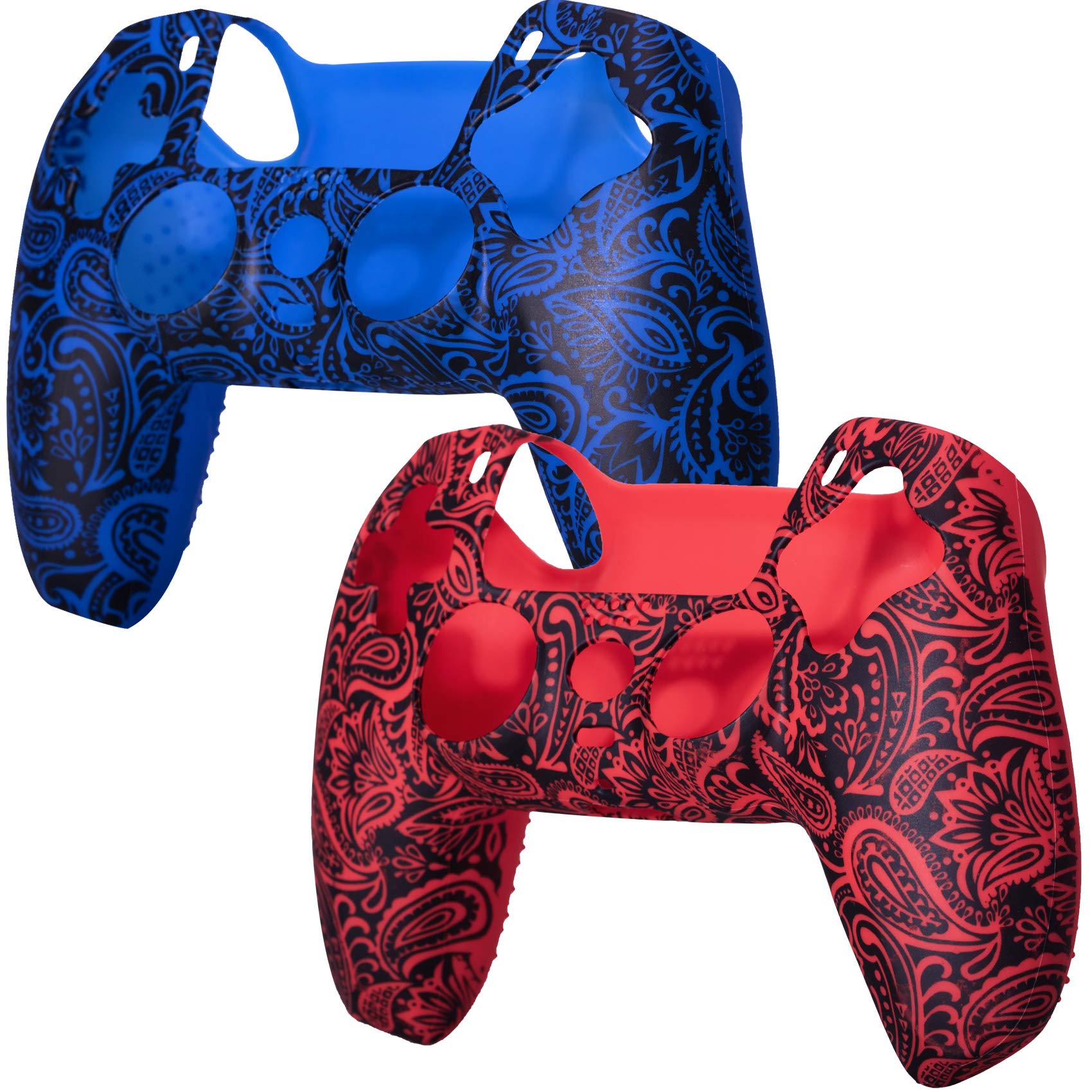 9CDeer 2 Pieces of Silicone Transfer Print Protective Cover Skin + 10 Thumb Grips for Playstation 5 / PS5 Controller Foliage Red & Blue