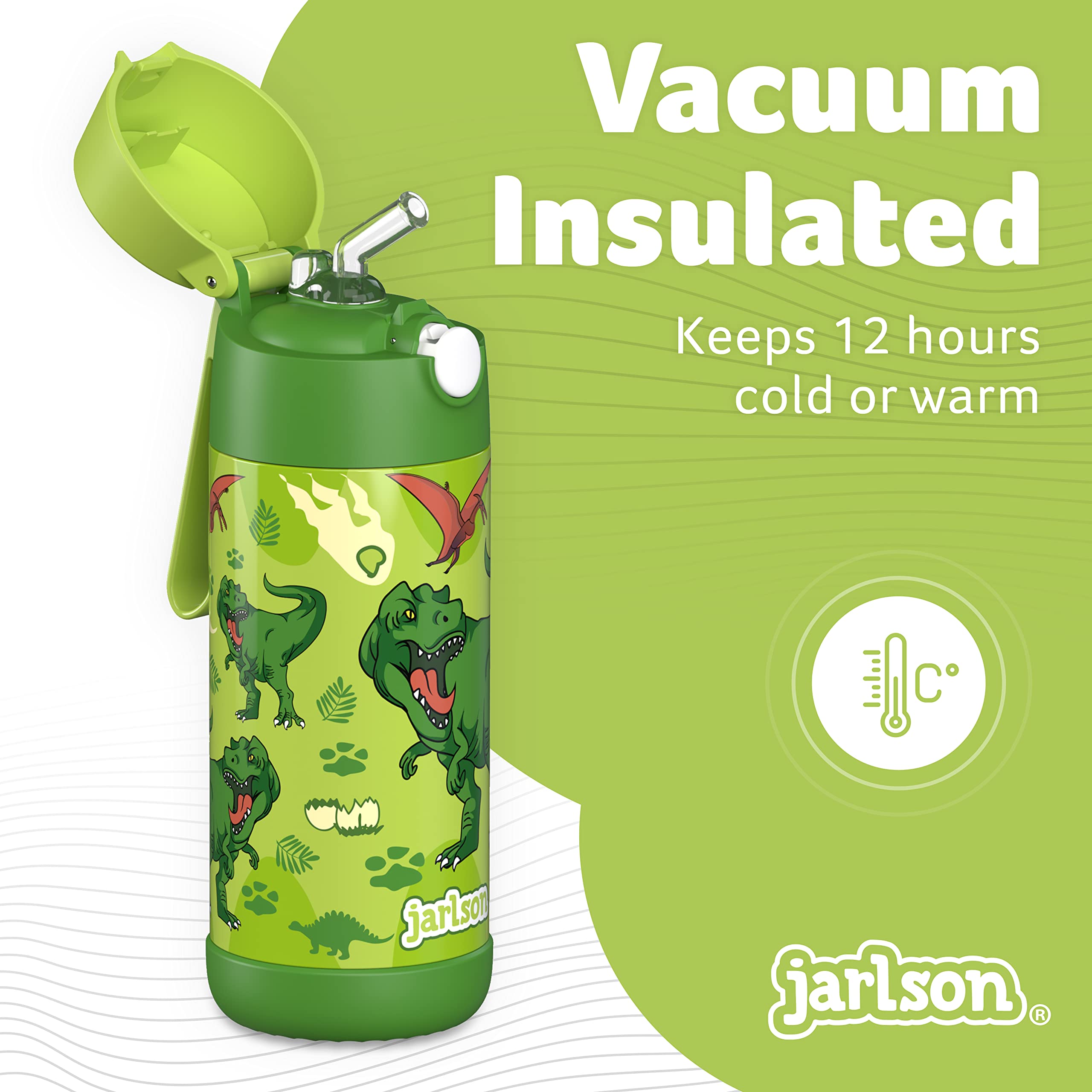 Jarlson kids water bottle with straw - CHARLI - insulated stainless steel water bottle - thermos - girls/boys (Dinosaur 'Star', 12 oz)