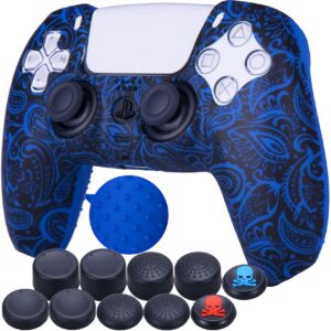 9CDeer 1 Piece of Silicone Transfer Print Protective Cover Skin + 10 Thumb Grips for PlayStation 5 / PS5 Controller Foliage Blue