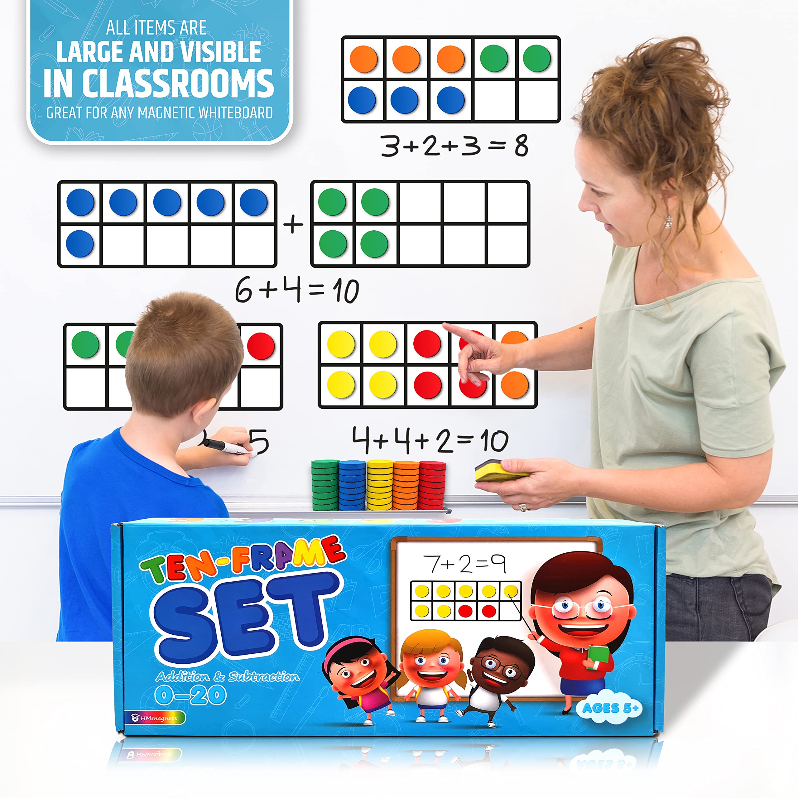 Magnetic Ten Frame Set: 8 Durable Ten-Frames + 100 Colorful Counters + 80 Math Flash Cards + 10 Dice - Addition & Subtraction - Math Manipulatives Kit for Home, Kindergarten & Elementary Teachers