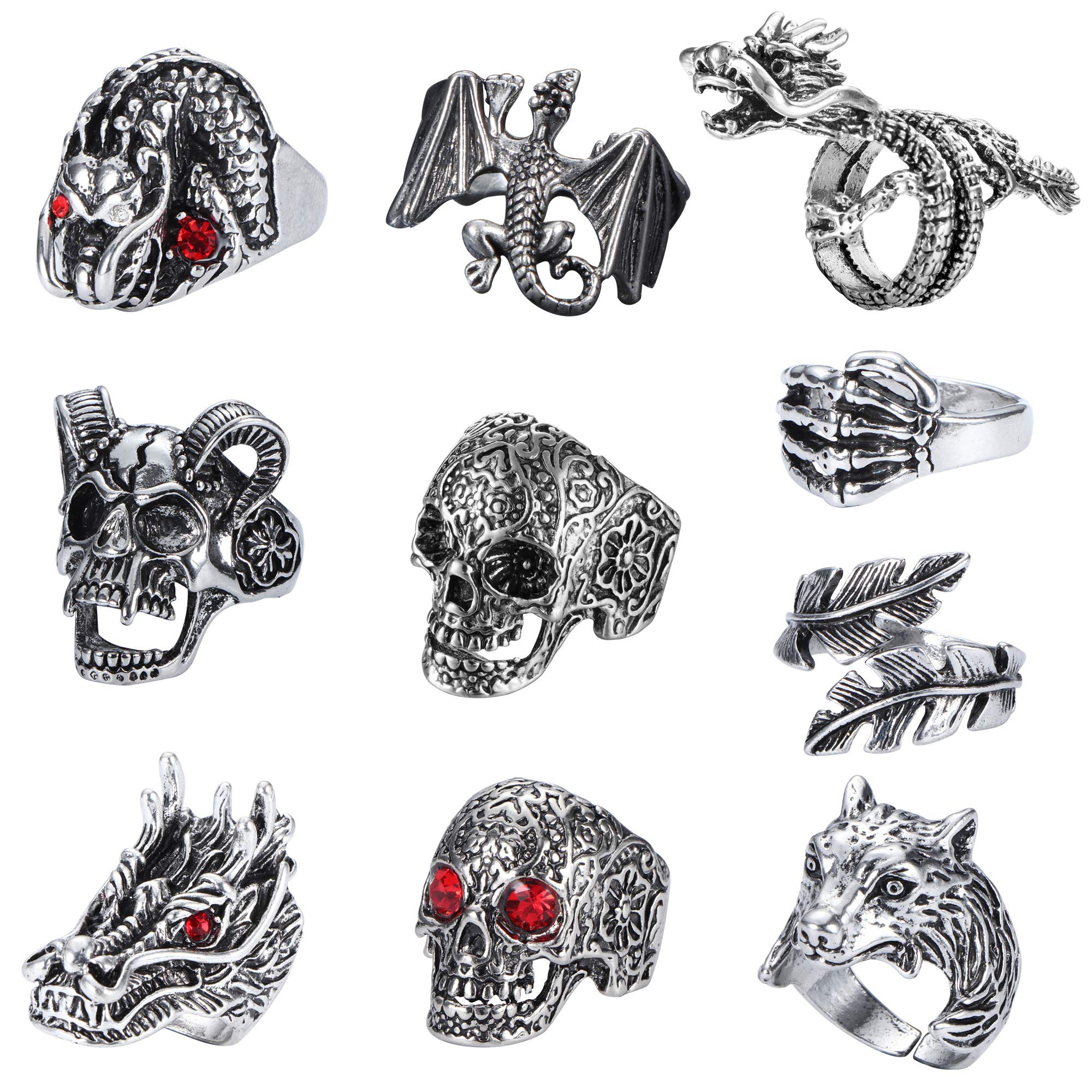 FIASASO 10 Pcs Vintage Punk Rings for Men Women Octopus Dragon Snake Ring Adjustable Cool Gothic Ring Set Jewelry skull …