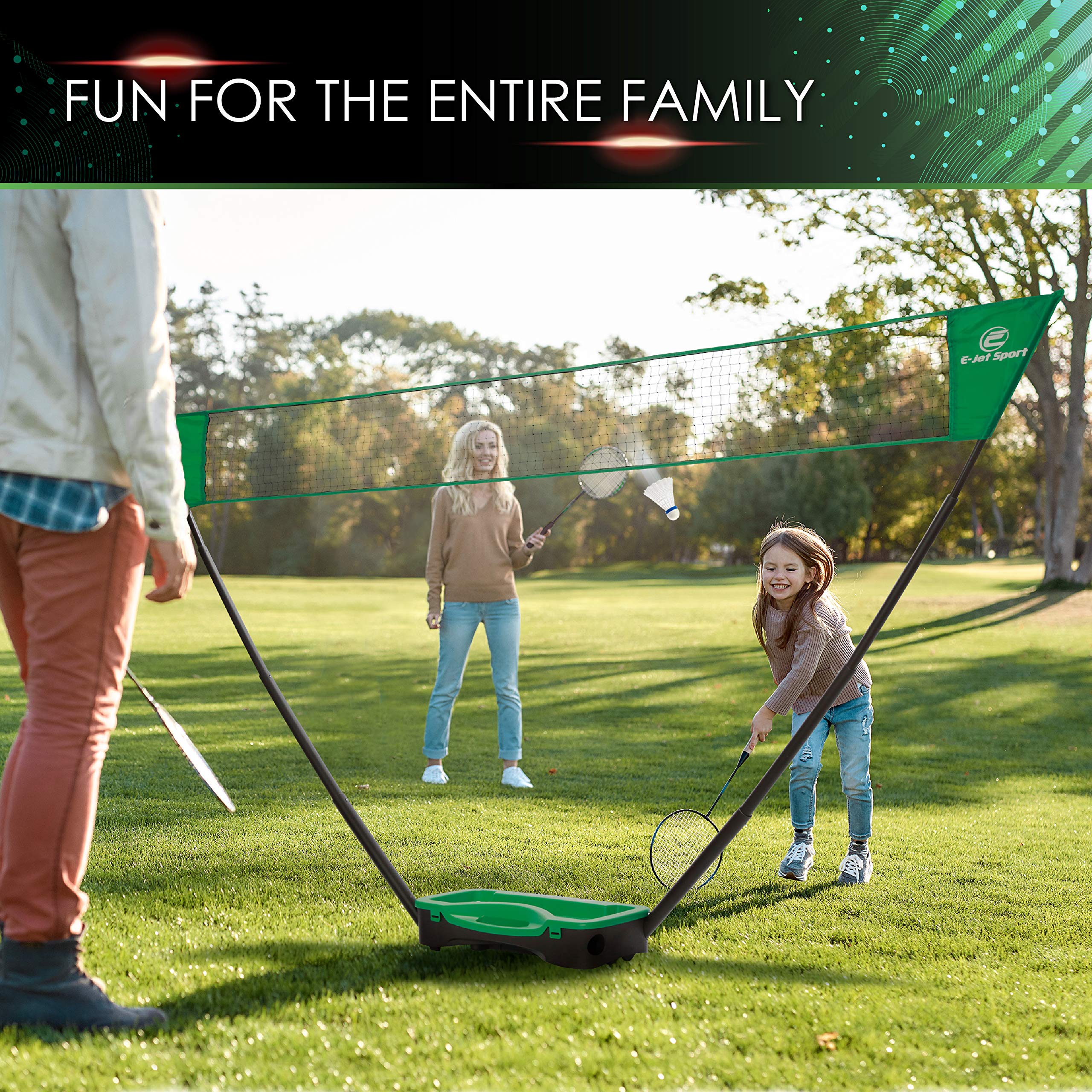 E-jetSport Badminton Net Outdoor Game Set, Rackets Shuttlecocks Combo for Kids & Family Portable, No Tools Required - Backyard Training, Beach, Park, Picnic Games, Green (EOB37540)