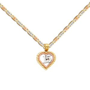 TGDJ 14K Tri Color Gold Sweet 15 Years Quinceanera Heart Charm Pendant with 1.5mm Valentino Chain | 14K Gold Necklace Chain with Pendant | Spring-Ring Clasp Pattern Unisex Real Gold Chain (16)