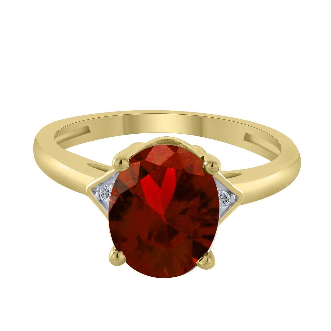 Pretty Jewels 14k Yellow Gold 2.00 Carat (Cttw) Center 9x7mm Oval Cut Lab Created Garnet Gemstone and Natural White Diamond Three Stone Engagement Rings Womens Jewelry For Wedding Birthday-8