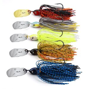 madbite bladed jig fishing lures, 5 pc multi-color kits, irresistible vibrating action, sticky-sharp heavy-wire needle point hooks, popular 3/8 oz sizes, includes storage box