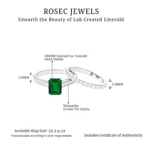 Rosec Jewels Lab Created Emerald Solitaire Ring Set of 2 (6X8 MM Emerald Cut) - Wedding Engagement Ring Set for Women | AAAA Quality, 14K White Gold, Size:US 5.50