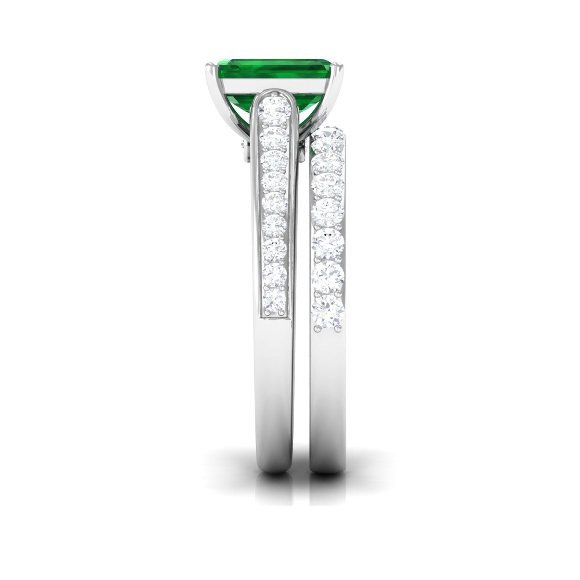 Rosec Jewels Lab Created Emerald Solitaire Ring Set of 2 (6X8 MM Emerald Cut) - Wedding Engagement Ring Set for Women | AAAA Quality, 14K White Gold, Size:US 5.50