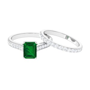 rosec jewels lab created emerald solitaire ring set of 2 (6x8 mm emerald cut) - wedding engagement ring set for women | aaaa quality, 14k white gold, size:us 5.50