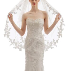 ELAWBTY Womens 2 Tier Fingertip Length Short Lace Wedding Bridal Veil With Comb X07 Ivory