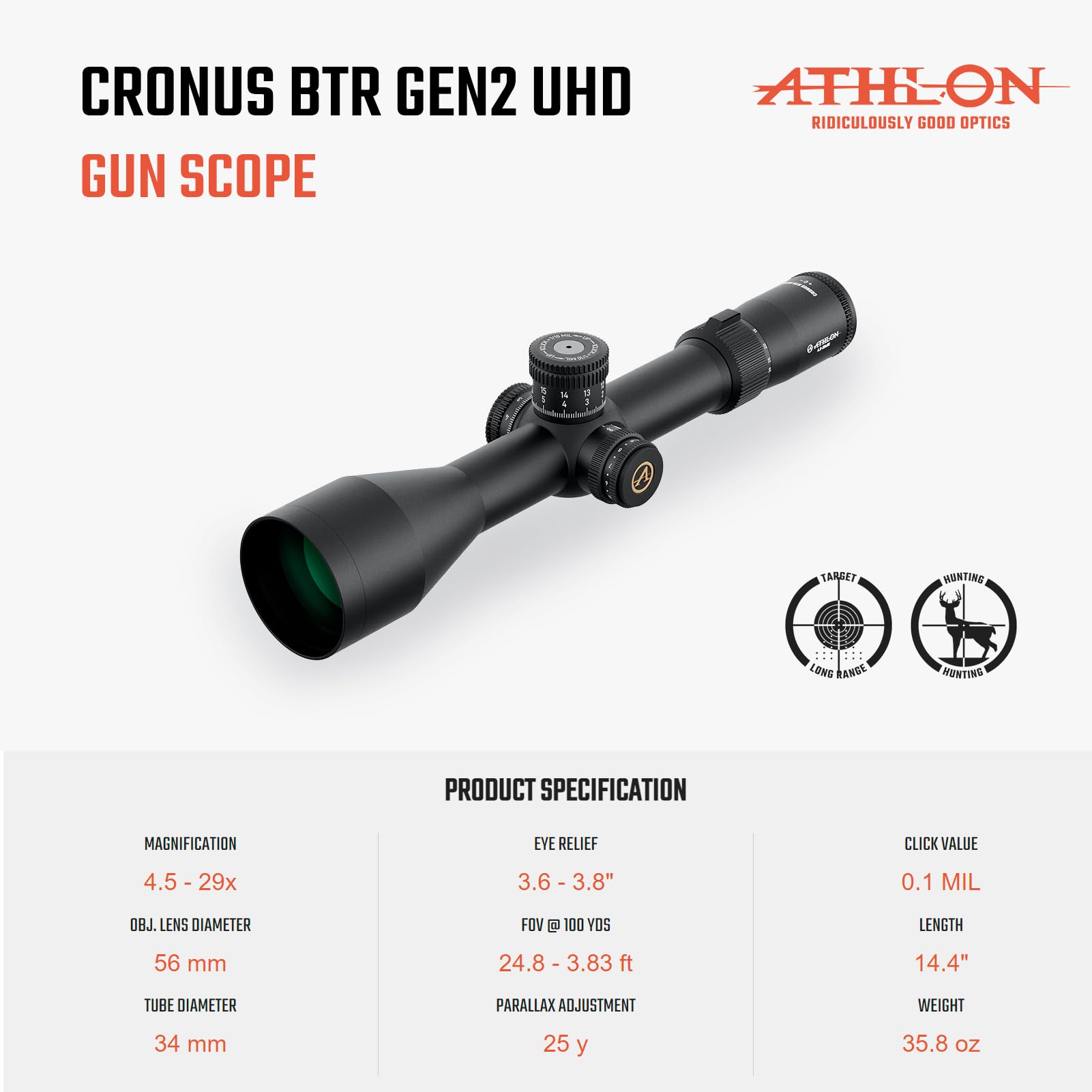 Athlon Optics Cronus BTR GEN2 4.5-29x56 Riflescope APRS1 FFP IR MIL Reticle, Black