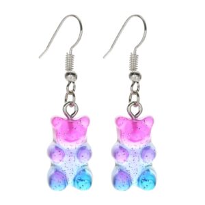 Lovely Gummy Bear Dangle Earrings Set Adorable Mini Bear Animal Pendant Drop Earrings for Women Girls Jewelry Gift-purple-blue