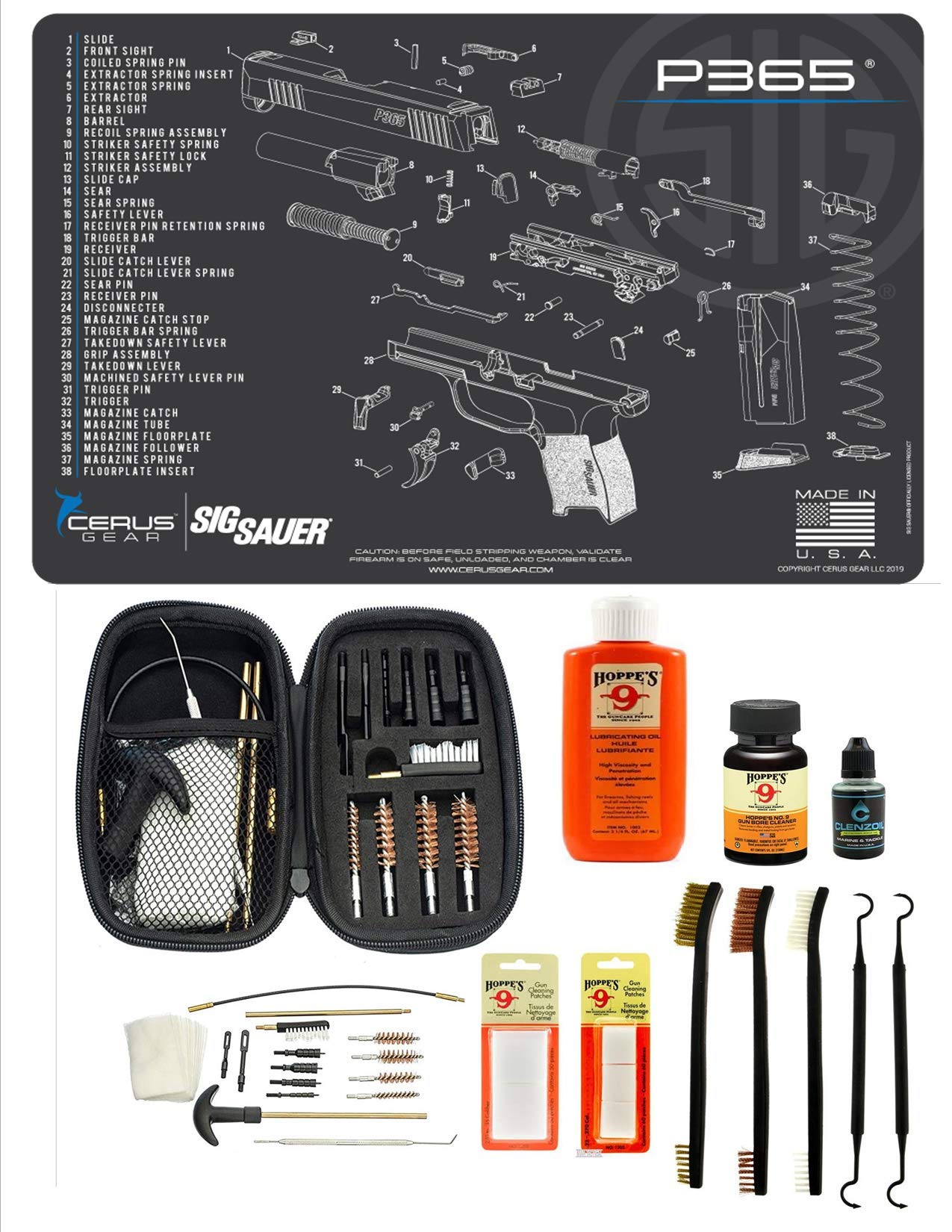 EDOG Range Warrior 27 Pc Gun Cleaning Kit - Compatible with Sig Sauer P365 Pistol - Schematic (Exploded View) Mat, Range Warrior Universal .22 9mm - .45 Kit & Tac Book Accessories Set