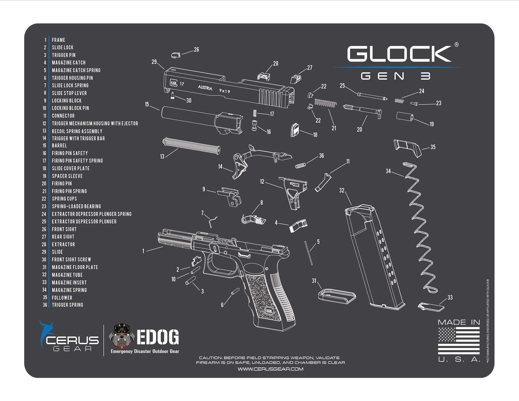 Gen 3 Gun Cleaning Kit & Accessories Compatible with Glock Gen 3 Pistol Schenatic Cleaning Mat for 22.38 9mm .45 Hoppes Gun Oil & Solvent Clenzoil CLP Cleaner Brush Picks & Patches