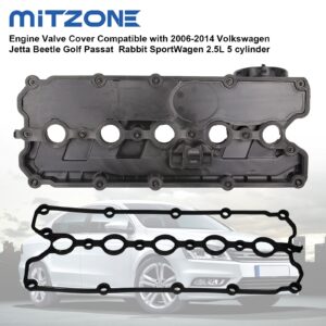 MITZONE Engine Valve Cover Compatible with 2006-2014 Volkswagen Jetta Beetle Golf Passat Rabbit SportWagen 2.5L 5 Cylinder Replace 07K-103-469-L 07K-103-469-F