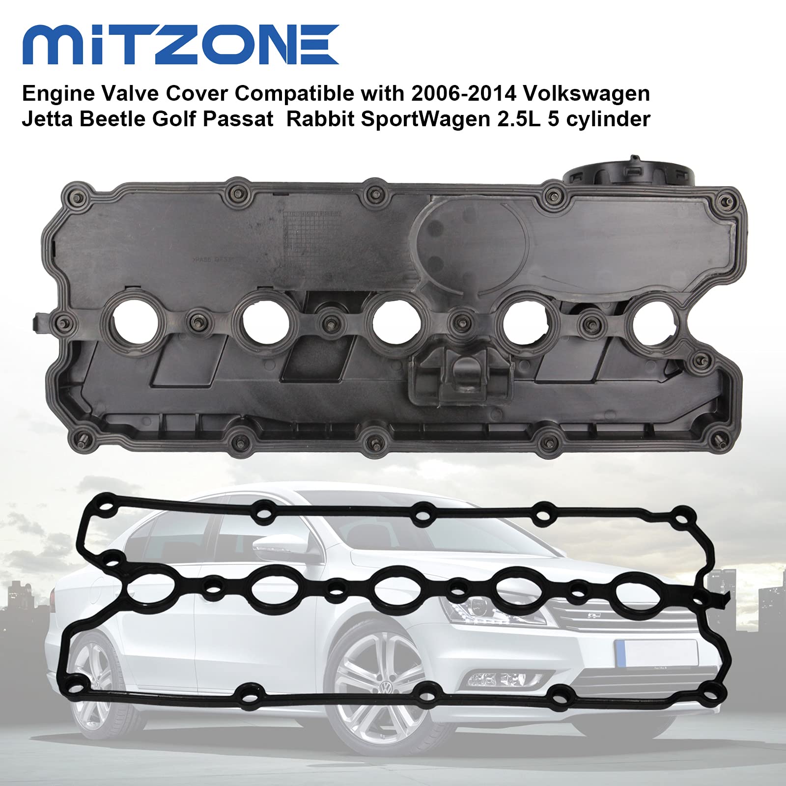 MITZONE Engine Valve Cover Compatible with 2006-2014 Volkswagen Jetta Beetle Golf Passat Rabbit SportWagen 2.5L 5 Cylinder Replace 07K-103-469-L 07K-103-469-F