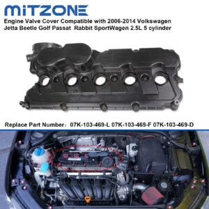 MITZONE Engine Valve Cover Compatible with 2006-2014 Volkswagen Jetta Beetle Golf Passat Rabbit SportWagen 2.5L 5 Cylinder Replace 07K-103-469-L 07K-103-469-F