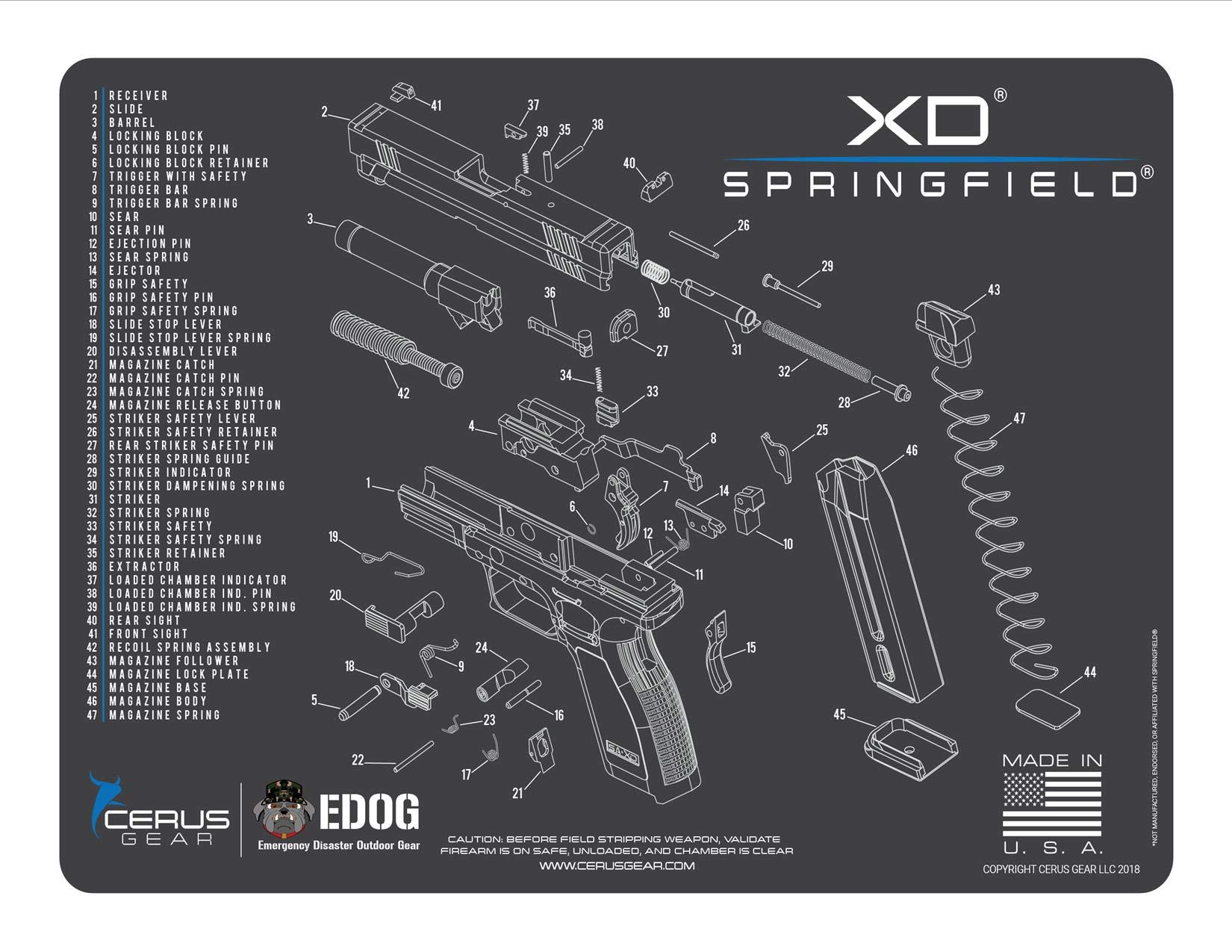 EDOG Range Warrior 27 Pc Gun Cleaning Kit - Compatible with Springfield Armory XD - Schematic (Exploded View) Mat, Range Warrior Universal .22 9mm - .45 Kit & Tac Book Accessories Set