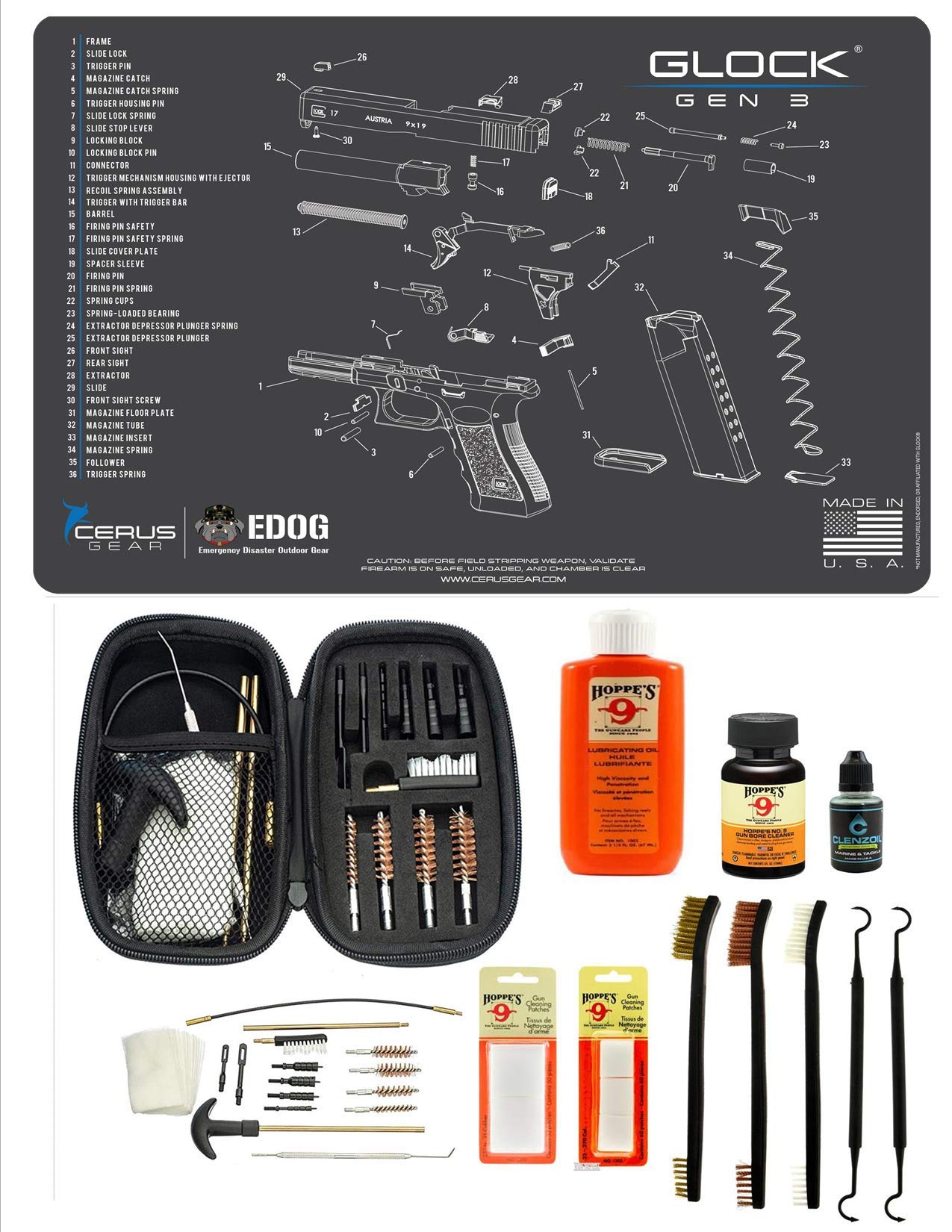 Gen 3 Gun Cleaning Kit & Accessories Compatible with Glock Gen 3 Pistol Schenatic Cleaning Mat for 22.38 9mm .45 Hoppes Gun Oil & Solvent Clenzoil CLP Cleaner Brush Picks & Patches