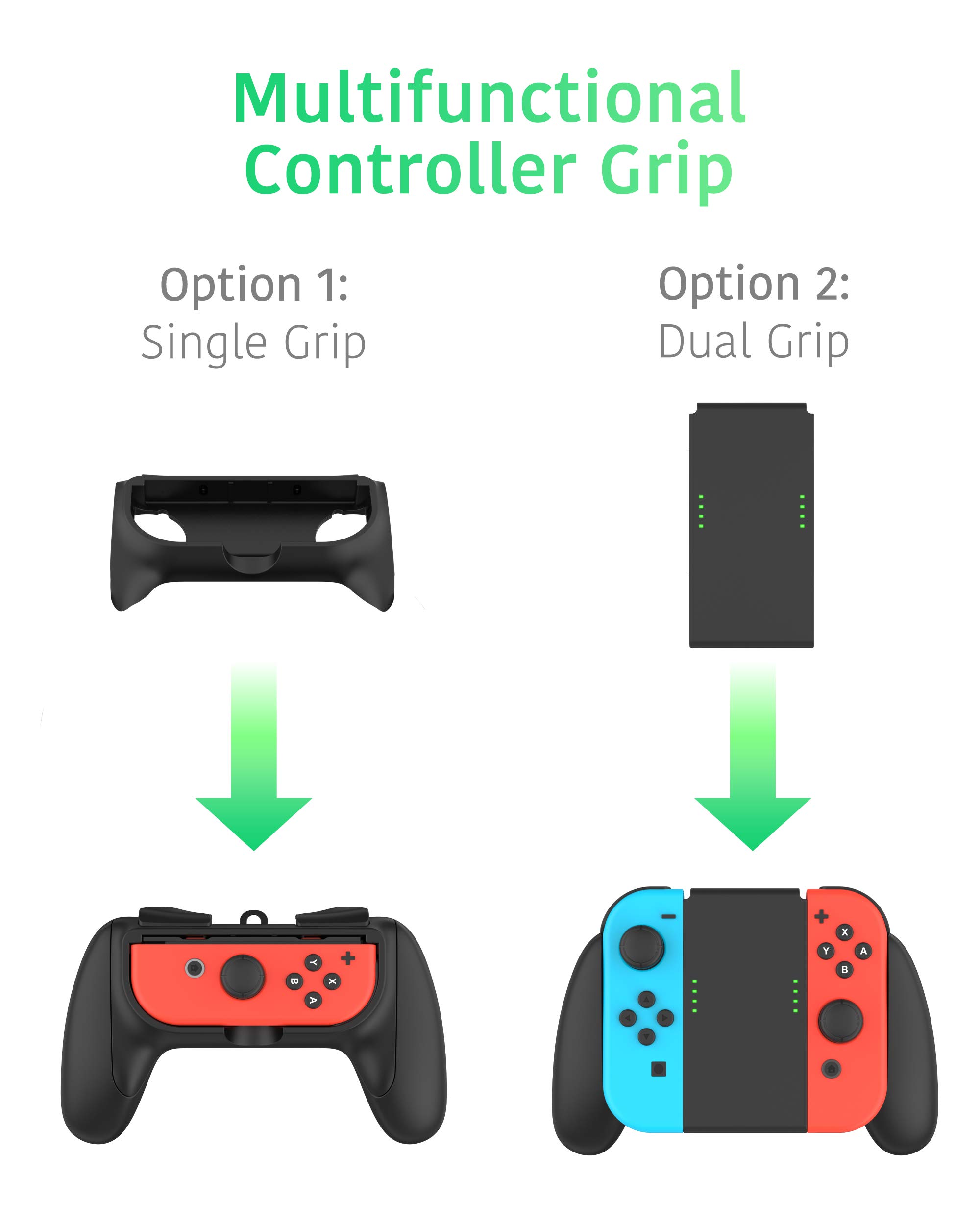 TALK WORKS 2-in-1 Dual Grip Joycon Charging Controller for Nintendo Switch - Comfort Grip Left/Right Joycons Charger Wireless Remote or Single Joy-Con Grip Option