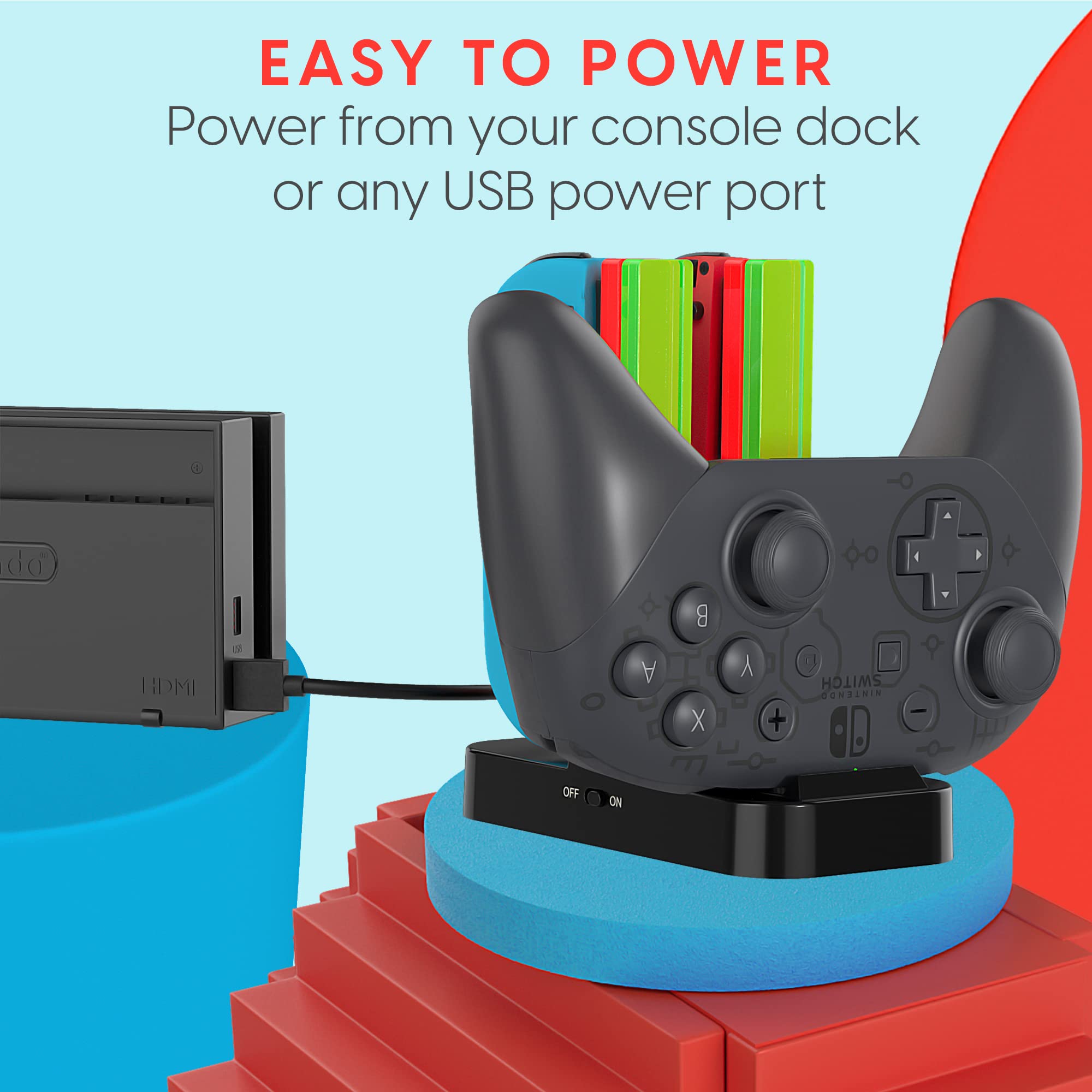 TALK WORKS Charging Dock for Nintendo Switch Joy-Cons & Pro Controller - Charger Base Remote Accessory LED Docking Station Compatible w/ Switch OLED