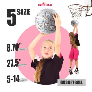 INPODAK Basketball 27.5 Inches Size 5 Unicorn Street Junior Basketball Classic Sport Ball Game Indoor Outdoor for Girl Kids Teenage Christmas Halloween Birthday Gift with Pump& Net