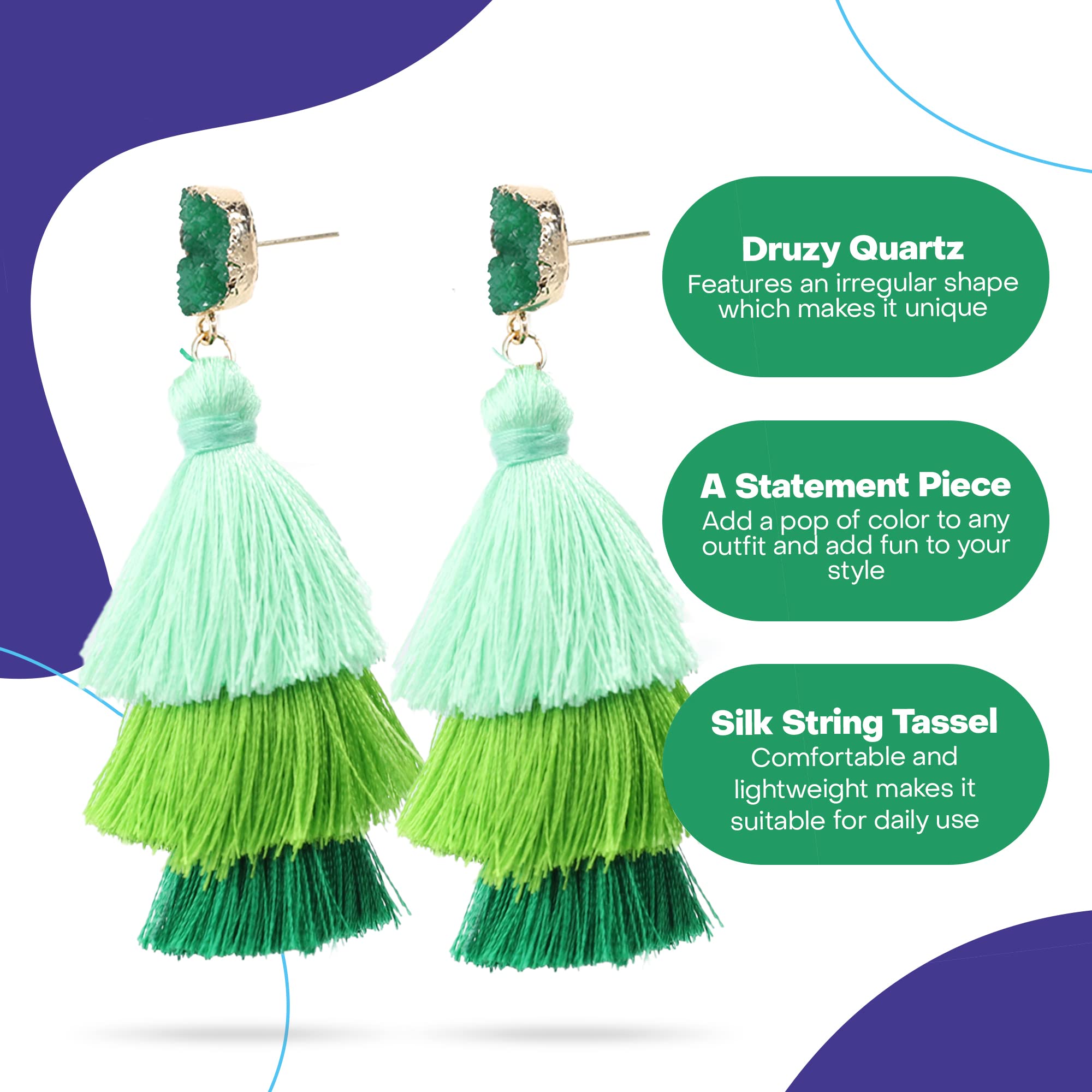 Rave Envy Green Ombre Tassel Earrings for Women - Colorful Layered Tassle Dangle Drop Earrings