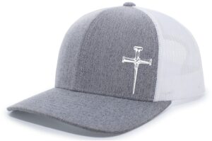 men's christian faith cross nails embroidered mesh back trucker hat, heather grey/white