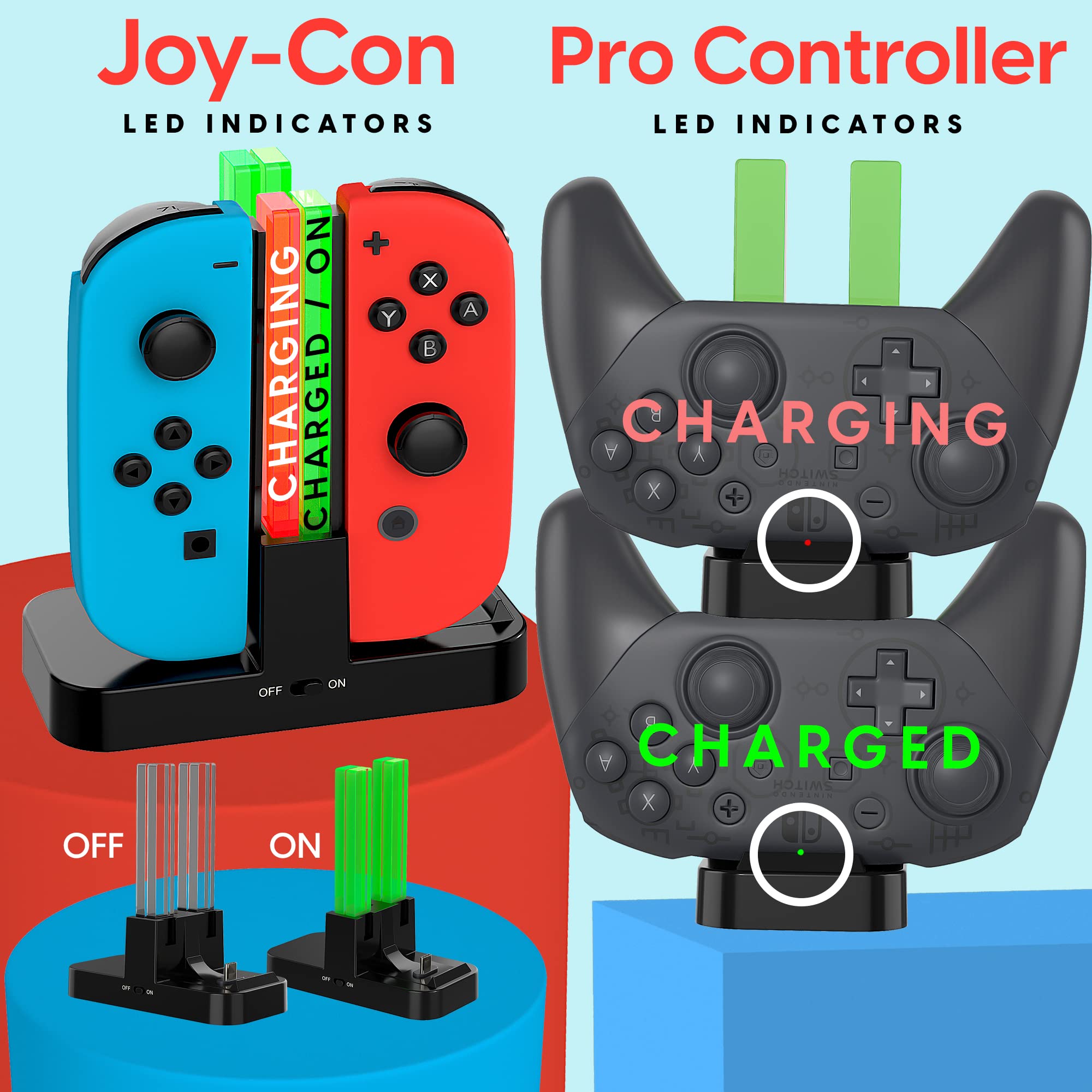 TALK WORKS Charging Dock for Nintendo Switch Joy-Cons & Pro Controller - Charger Base Remote Accessory LED Docking Station Compatible w/ Switch OLED