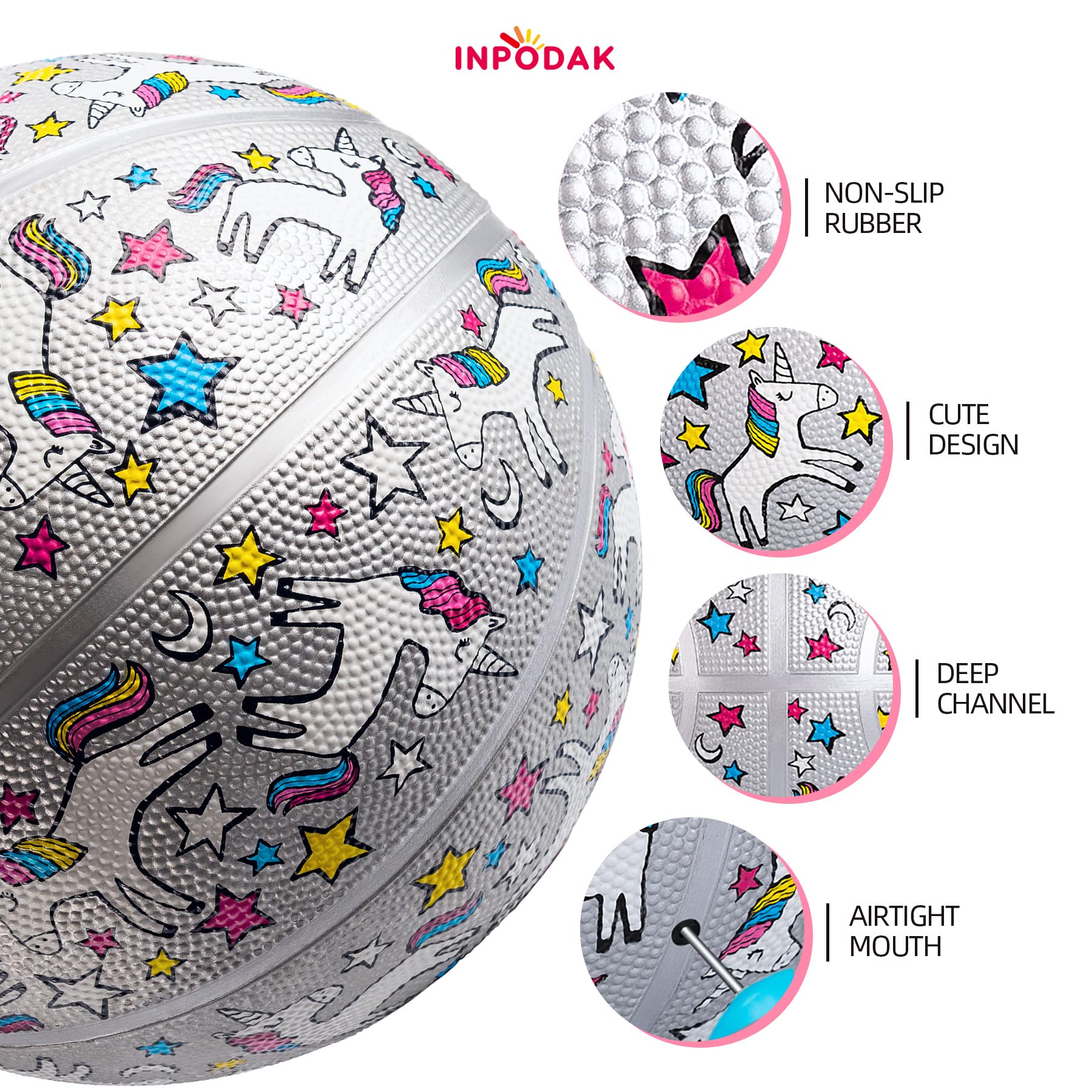 INPODAK Basketball 27.5 Inches Size 5 Unicorn Street Junior Basketball Classic Sport Ball Game Indoor Outdoor for Girl Kids Teenage Christmas Halloween Birthday Gift with Pump& Net