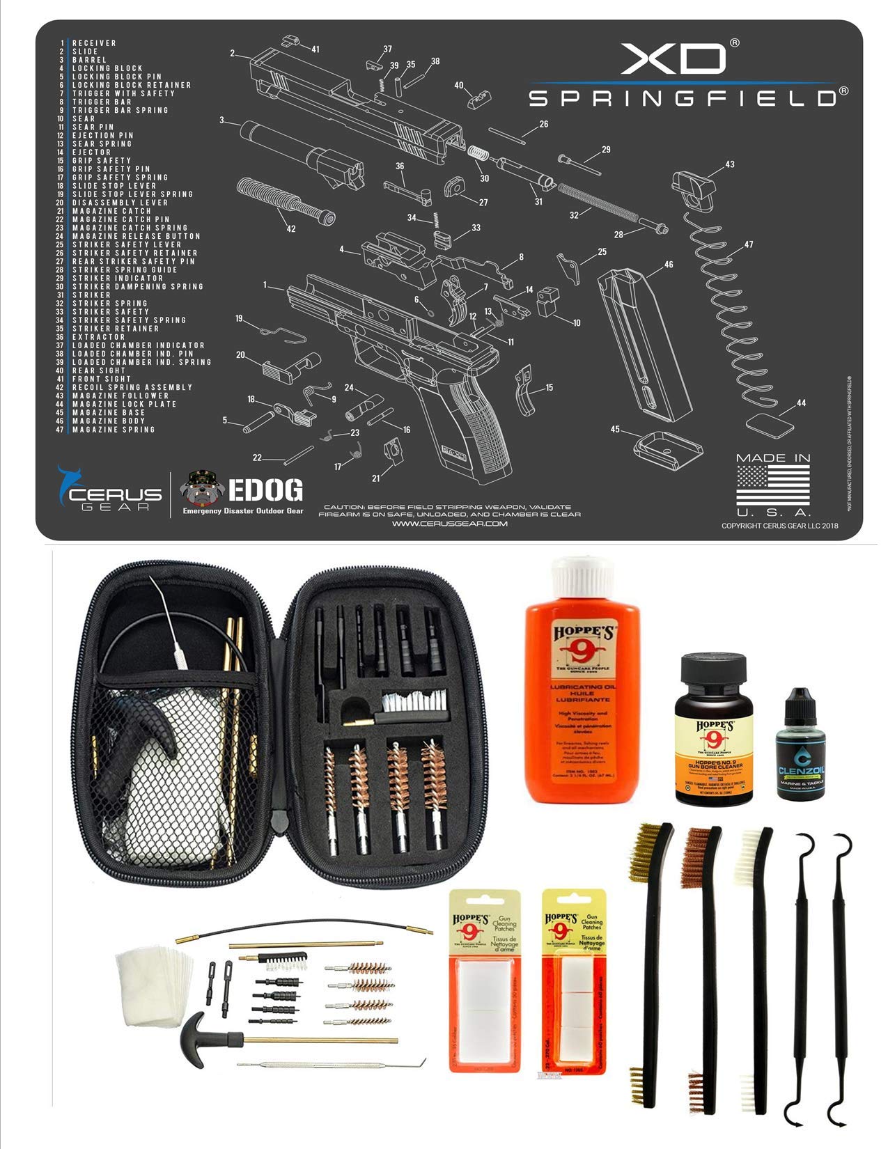 EDOG Range Warrior 27 Pc Gun Cleaning Kit - Compatible with Springfield Armory XD - Schematic (Exploded View) Mat, Range Warrior Universal .22 9mm - .45 Kit & Tac Book Accessories Set