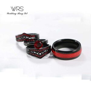 Two Rings His Hers Wedding Ring Sets Couples Matching Rings Women's 2pc Black Gold Plated Red CZ Wedding Engagement Ring Bridal Sets Men's Tungsten Carbide Band Wedding Band