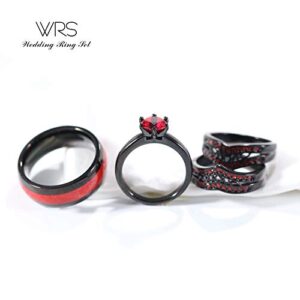 Two Rings His Hers Wedding Ring Sets Couples Matching Rings Women's 2pc Black Gold Plated Red CZ Wedding Engagement Ring Bridal Sets Men's Tungsten Carbide Band Wedding Band