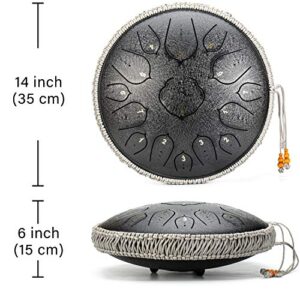 Black 15 Notes 14 Inches Steel Tongue Drum | Wide Range Steel Drum with Carrying Bag & Mallets | Tank Drum for Healing | Random Color | Ideal for Stress Relief and Meditation