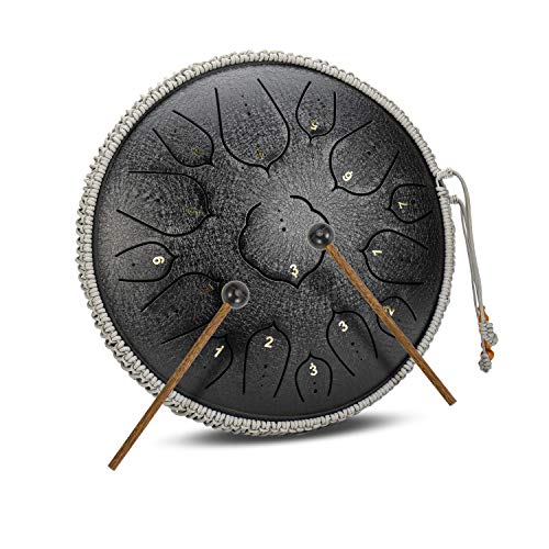 Black 15 Notes 14 Inches Steel Tongue Drum | Wide Range Steel Drum with Carrying Bag & Mallets | Tank Drum for Healing | Random Color | Ideal for Stress Relief and Meditation