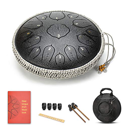 Black 15 Notes 14 Inches Steel Tongue Drum | Wide Range Steel Drum with Carrying Bag & Mallets | Tank Drum for Healing | Random Color | Ideal for Stress Relief and Meditation