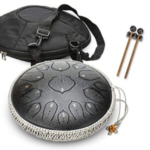 Black 15 Notes 14 Inches Steel Tongue Drum | Wide Range Steel Drum with Carrying Bag & Mallets | Tank Drum for Healing | Random Color | Ideal for Stress Relief and Meditation