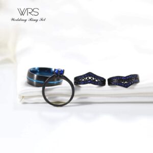 Two Rings His Hers Wedding Ring Sets Couples Matching Rings Women's 2pc Black Gold Plated Blue CZ Wedding Engagement Ring Bridal Sets Men's Tungsten Carbide Band Wedding Band