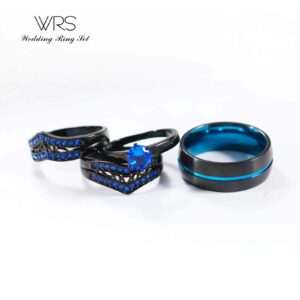 Two Rings His Hers Wedding Ring Sets Couples Matching Rings Women's 2pc Black Gold Plated Blue CZ Wedding Engagement Ring Bridal Sets Men's Tungsten Carbide Band Wedding Band