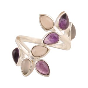 novica artisan handmade amethyst rose quartz cocktail ring gemstone sterling silver multi india leaf tree birthstone [ring front 0.9 in l x 0.8 in w x 0.2 in h band width 2 mm w] ' leafy glory'