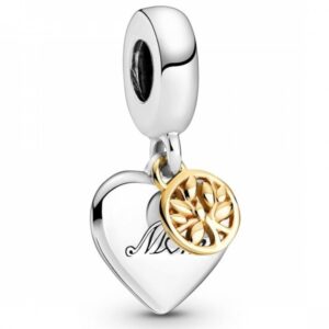 pandora two-tone family tree & heart dangle charm