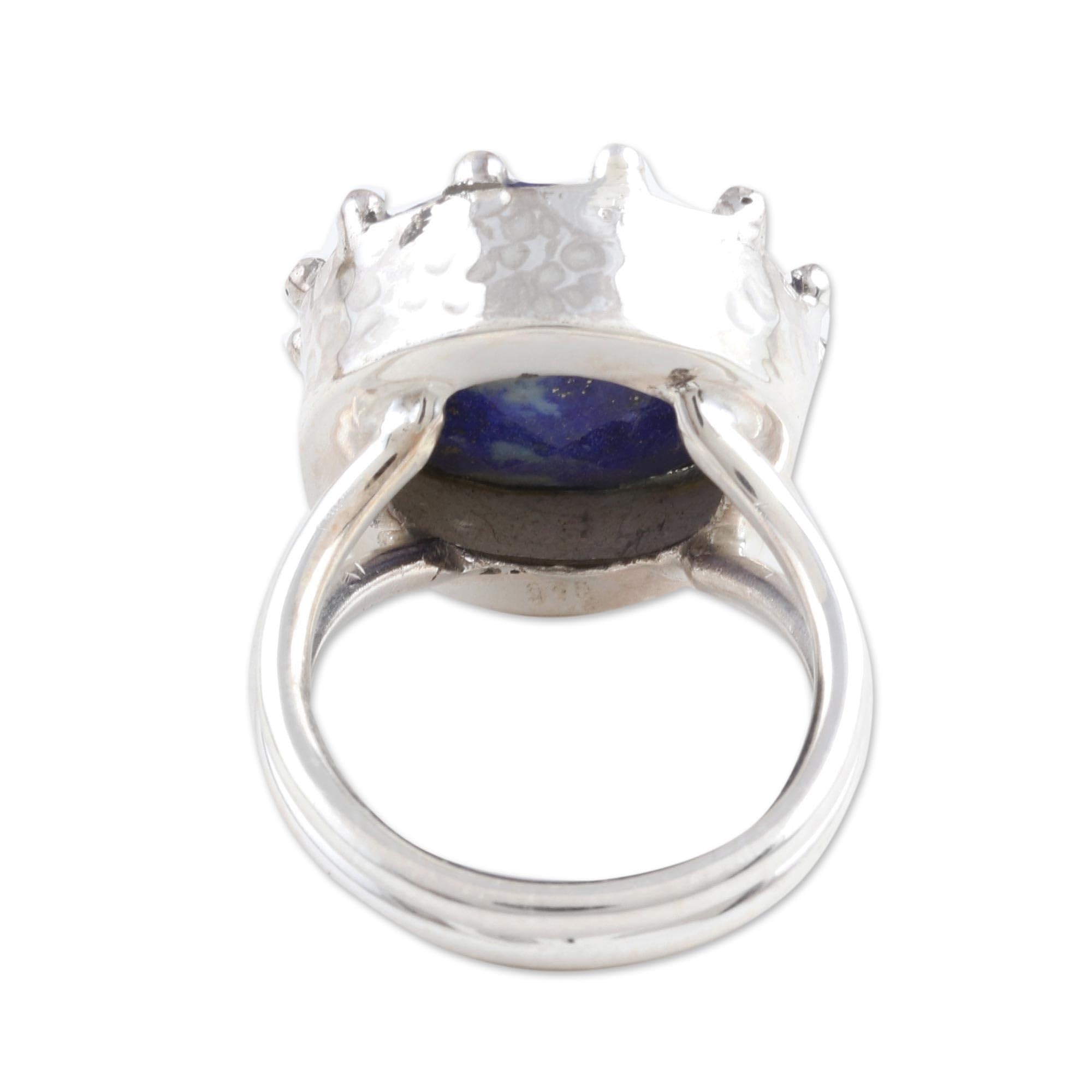 NOVICA Artisan Handmade Lapis Lazuli Cocktail Ring Sterling Silver Single Stone India Gemstone Birthstone [crownbezel 0.8 in L x 0.8 in W x 0.3 in H Band Width 3 mm W] ' Royalty in Blue'