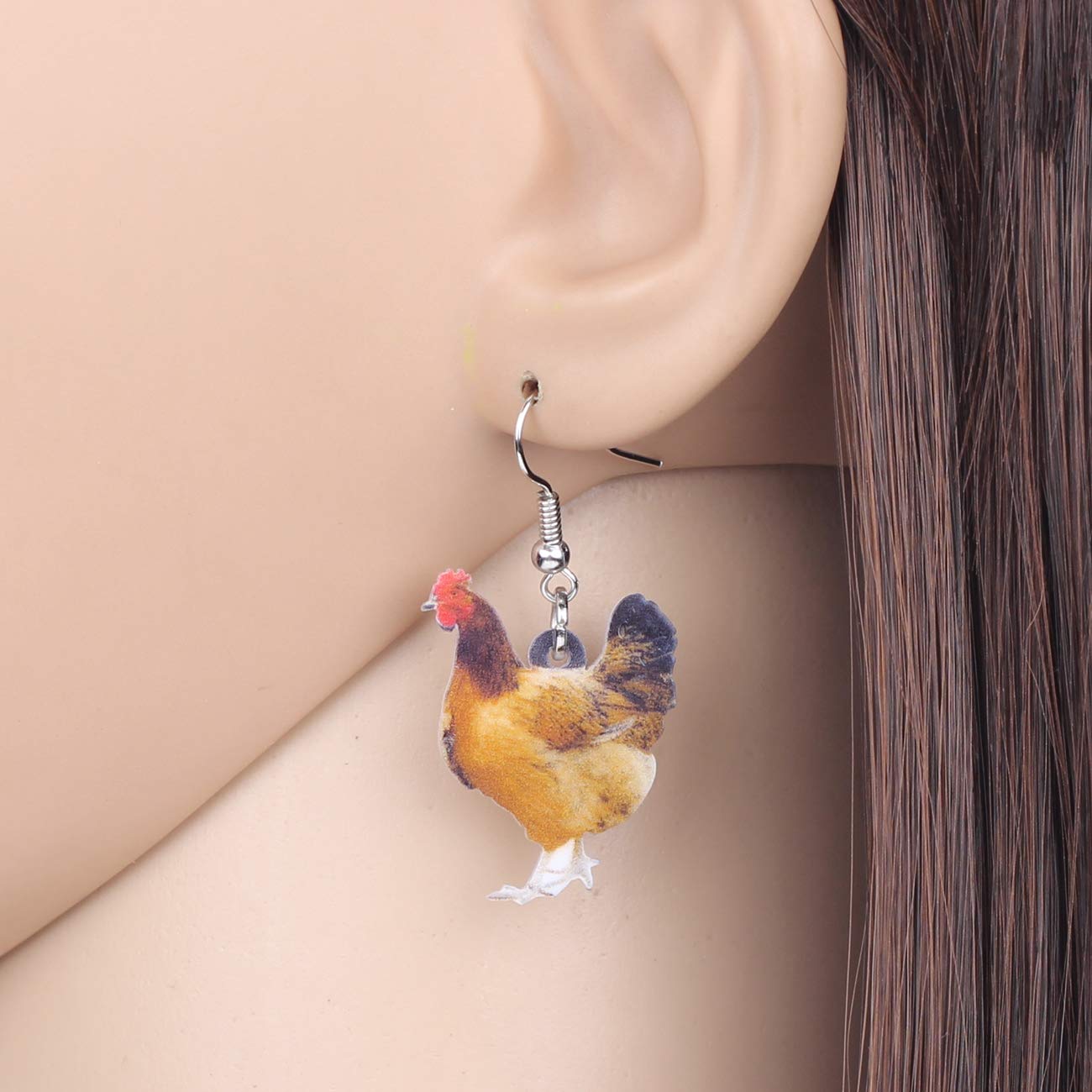 DOWAY Acrylic Charm Cute Chicken Hen Earrings Drop Dangle Jewelry Farm Decoration for Women Funny Party Gifts (Brown-2)