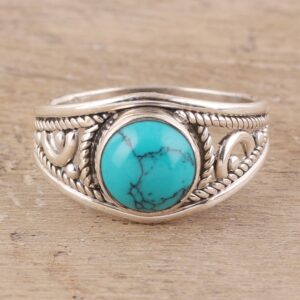 NOVICA Artisan Handmade Sterling Silver Reconstituted Turquoise Cocktail Ring Single Stone India Birthstone [ring Front 0.4 in L x 0.4 in W x 0.2 in H Band Width 2 mm W] ' Turquoise Charm'