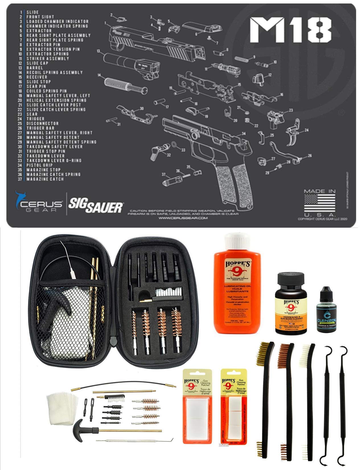 M18 Gun Cleaning Kit & Accessories Compatible with Sig Sauer M18 Pistol Schenatic Cleaning Mat for 22.38 9mm .45 Hoppes Gun Oil & Solvent Clenzoil CLP Cleaner Brush Picks & Patches