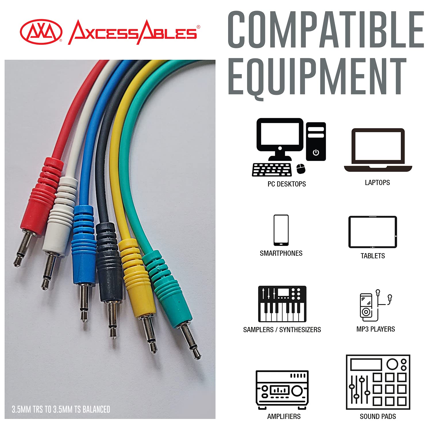 AxcessAbles 1/8 inch (3.5mm) TS to 1/8 inch (3.5mm) TS Unbalanced Mono Patch Cables | Modular Synth Cords | TS Audio Cables |Eurorack Synthesizer, Multi-Color 3.5mm TS Aux Cords 6 Pack (1.5ft)