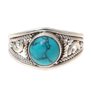 NOVICA Artisan Handmade Sterling Silver Reconstituted Turquoise Cocktail Ring Single Stone India Birthstone [ring Front 0.4 in L x 0.4 in W x 0.2 in H Band Width 2 mm W] ' Turquoise Charm'