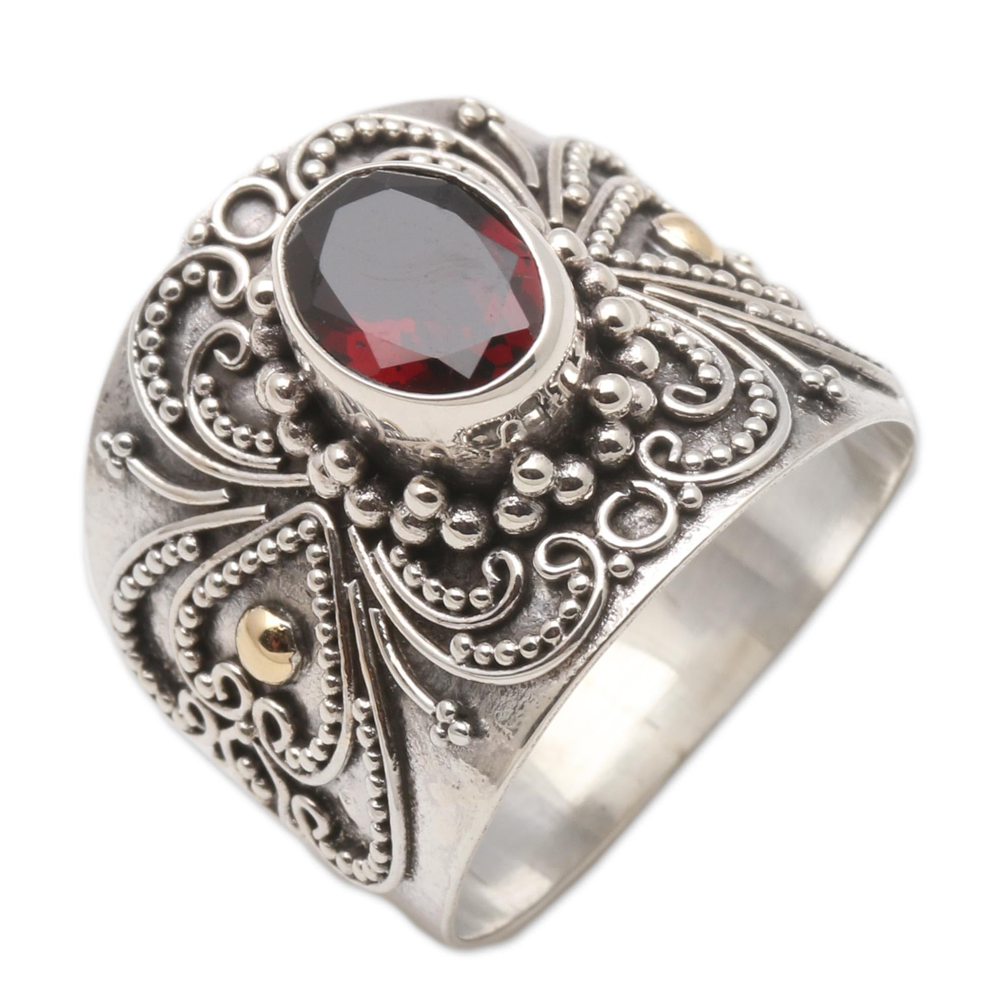 NOVICA Artisan handmade gold accent garnet cocktail ring balinese silver oval with accents sterling single stone indonesia gemstone birthstone traditional [Ring front 0.8 in L x 0.8 in W x 0.2 in H B]