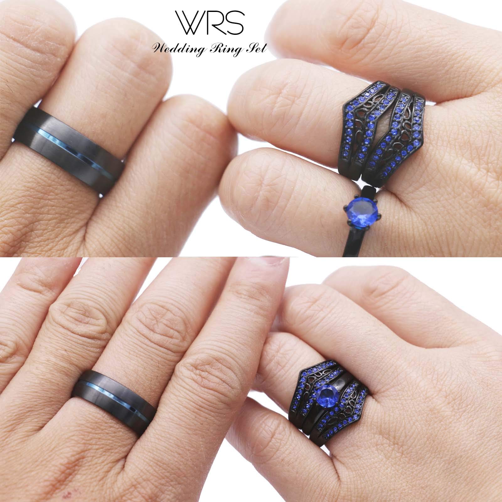 Two Rings His Hers Wedding Ring Sets Couples Matching Rings Women's 2pc Black Gold Plated Blue CZ Wedding Engagement Ring Bridal Sets Men's Tungsten Carbide Band Wedding Band