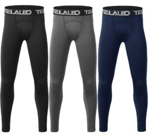 telaleo 3 pack boys' youth compression leggings tights base layer athletic pants for sports basketball hockey baseball running black blue grey 3 pack s