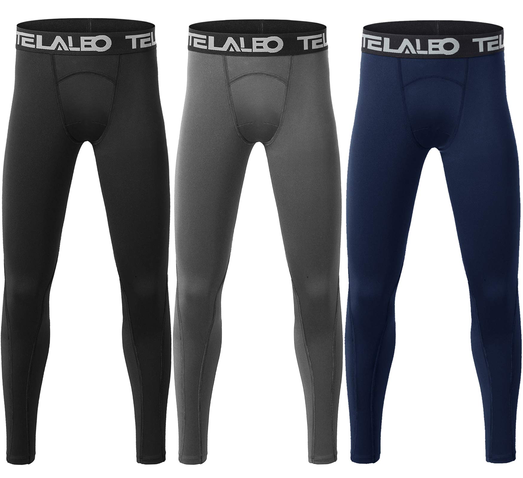 TELALEO 3 Pack Boys' Youth Compression Leggings Tights Base Layer Athletic Pants for Sports Basketball Hockey Baseball Running Black Blue Grey 3 Pack S